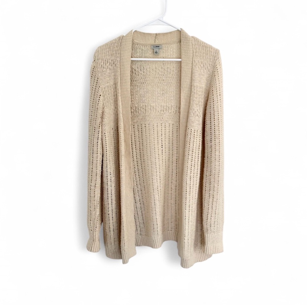 LL Bean Women Cardigan Cotton Long Open Knit Size S Ivory Preppy Beach Outdoor